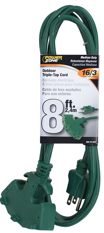 CORD EXTEN 3-TAP 8FT 16/3 GRN 