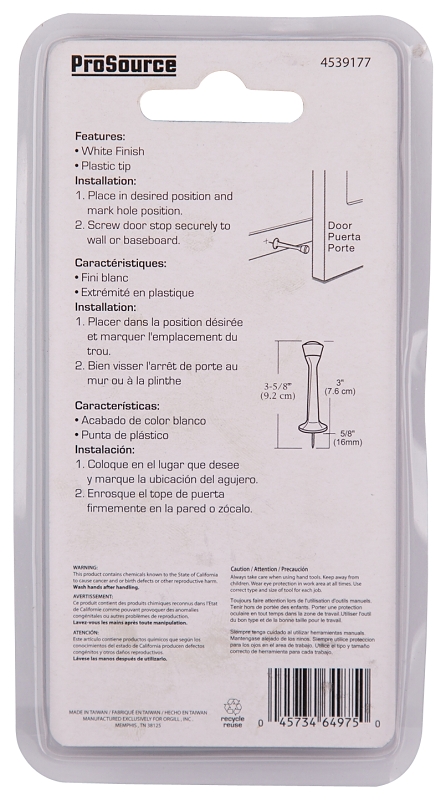 DOOR STOP RIGID 3IN WHITE     