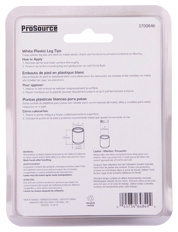 LEG TIP PLASTIC 1 INCH WHITE  