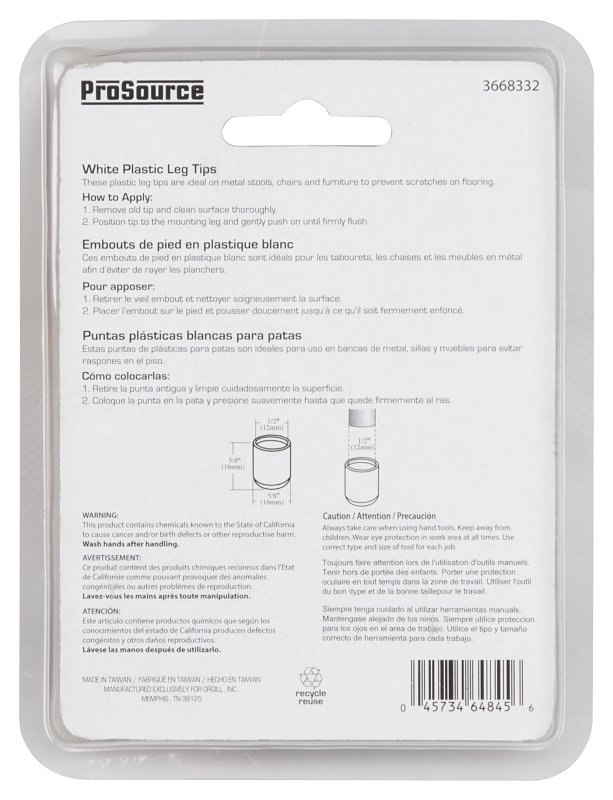 LEG TIP PLASTIC 1/2 INCH WHITE