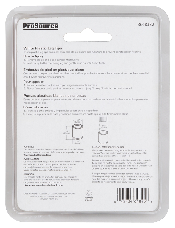 LEG TIP PLASTIC 1/2 INCH WHITE