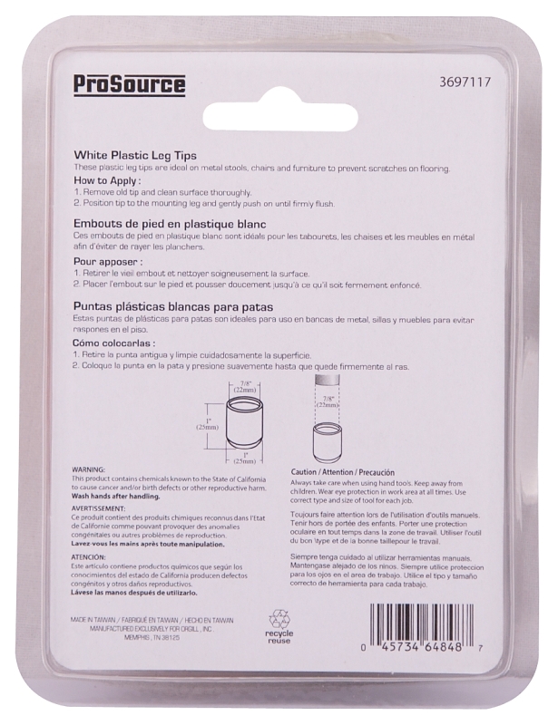 LEG TIP PLASTIC 7/8 INCH WHITE