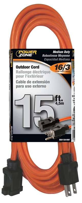 CORD EXT OUTDOOR 16/3X15FT ORG