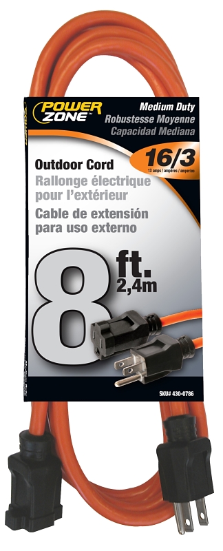 CORD EXT OUTDOOR 16/3X8FT ORG 