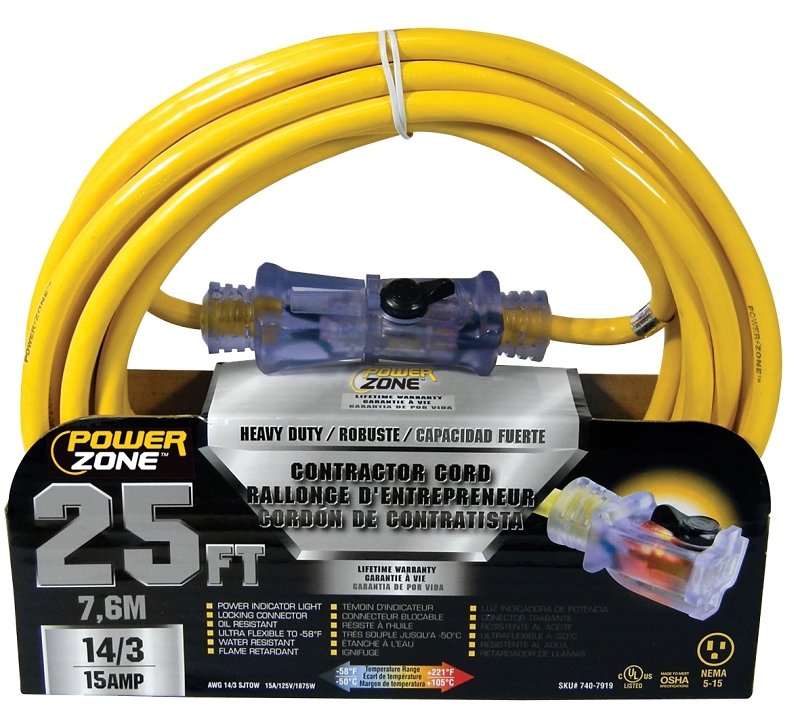 CORD EXT 14/3 SJTOW X 25FT YEL